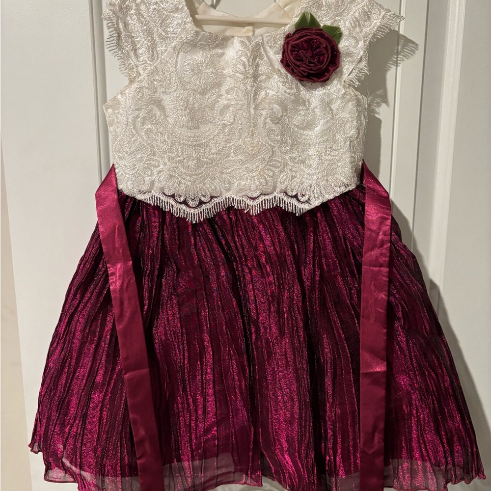 Jona Michelle Ivory Lace Dress with Burgundy Flower Accent